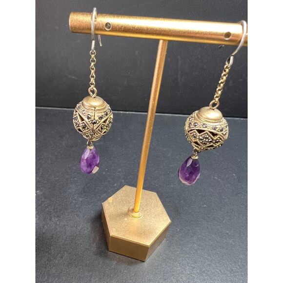 Vintage amethyst and marcasite sterling silver dangle earrings - Picture 5 of 16